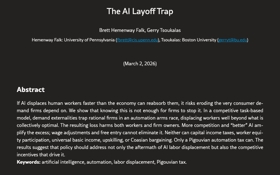 The AI Layoff Trap — Hemenway Falk & Tsoukalas, March 2026